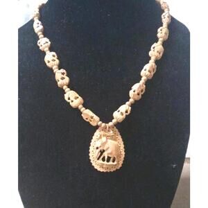 Vintage Carved Bovine Bone Elephant Necklace Tribal Safari Boho Jewelry African